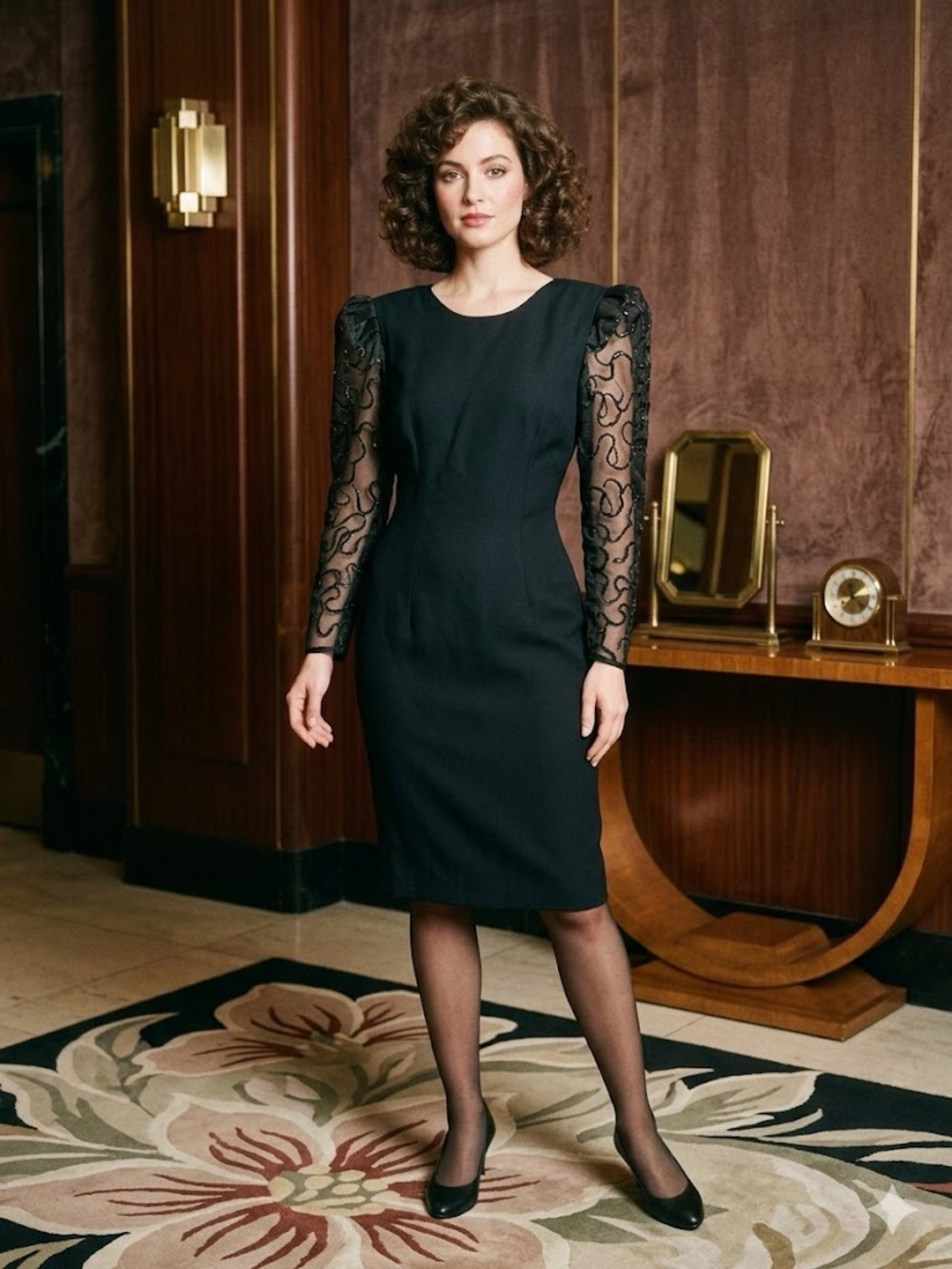 Classic Vintage Black Sheath Dress with Embroidered Mesh Sleeves